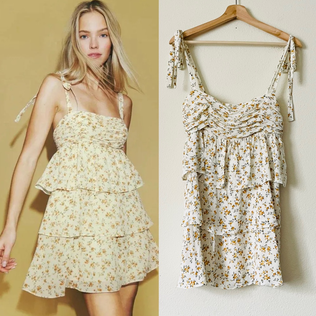 Reformation Medium Avni Floral Print Tiered Babydoll Mini Dress In Yellow Cream
